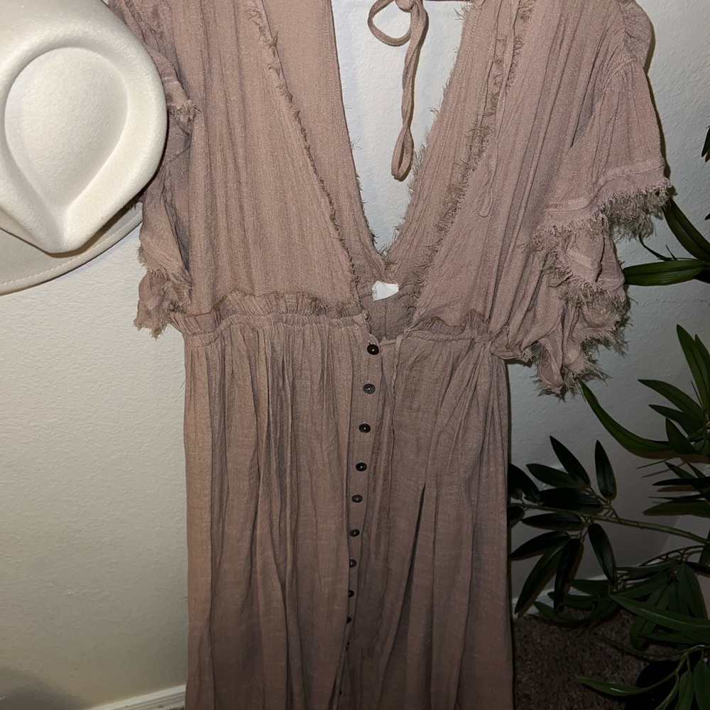 L TAN VICI BUTTON MAXI BOHO DRESS